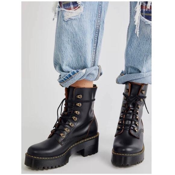 DR MARTENS Leona Heeled Platform Combat Boots Black 7 - Picture 2 of 10